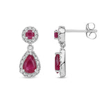 9ct White Gold Natural Ruby & Diamond Teardrop Halo Drop Earrings