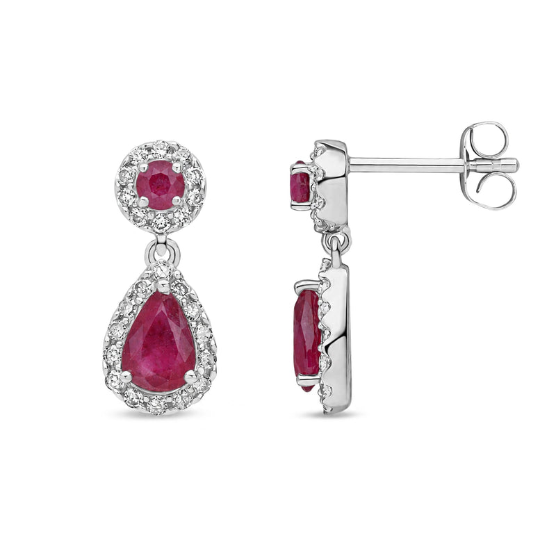 9ct White Gold Natural Ruby & Diamond Teardrop Halo Drop Earrings