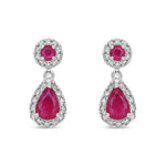 9ct White Gold Natural Ruby & Diamond Teardrop Halo Drop Earrings