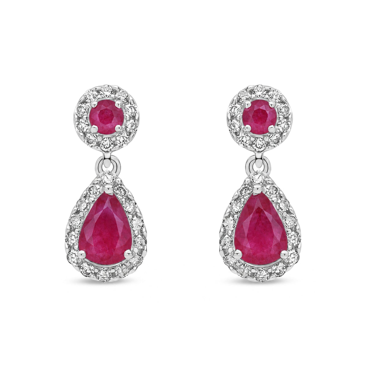 9ct White Gold Natural Ruby & Diamond Teardrop Halo Drop Earrings