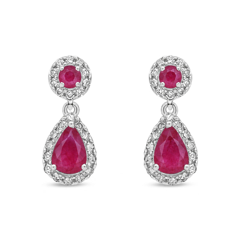 9ct White Gold Natural Ruby & Diamond Teardrop Halo Drop Earrings