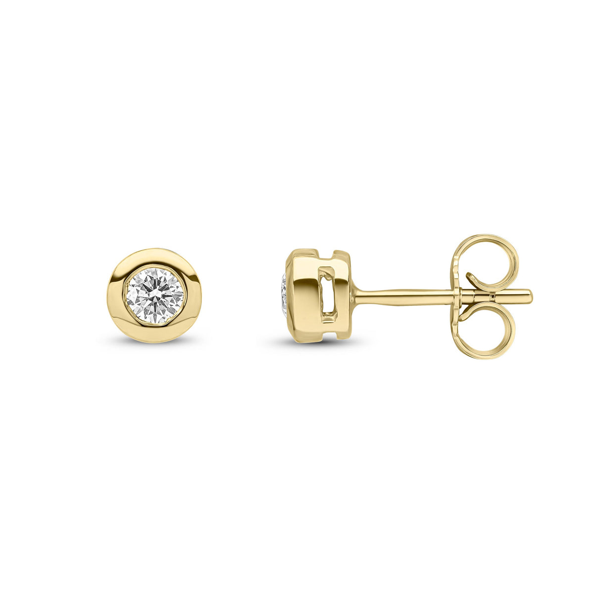 9ct Yellow Gold Round Natural Diamond Rubover Stud Earrings — 0.30ct