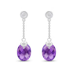 9ct White Gold Natural Amethyst & Diamond Checkerboard Oval Chain Drop Earrings