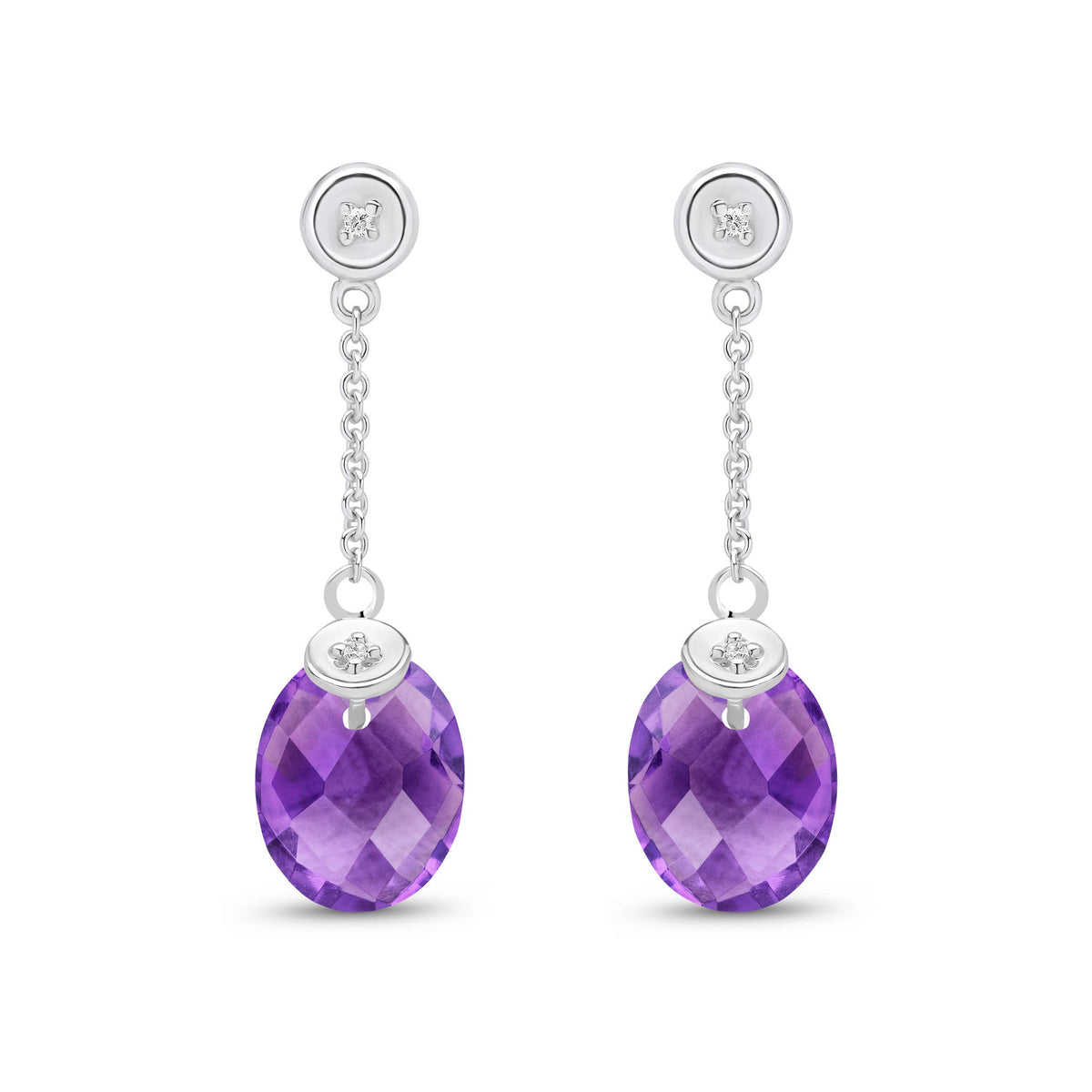 9ct White Gold Natural Amethyst & Diamond Checkerboard Oval Chain Drop Earrings