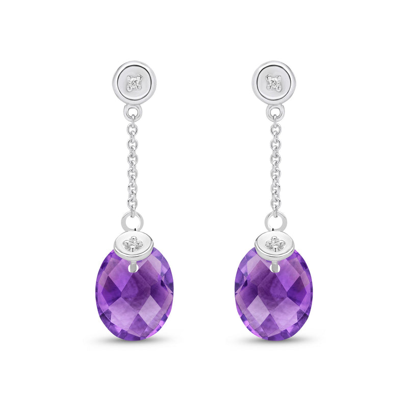 9ct White Gold Natural Amethyst & Diamond Checkerboard Oval Chain Drop Earrings