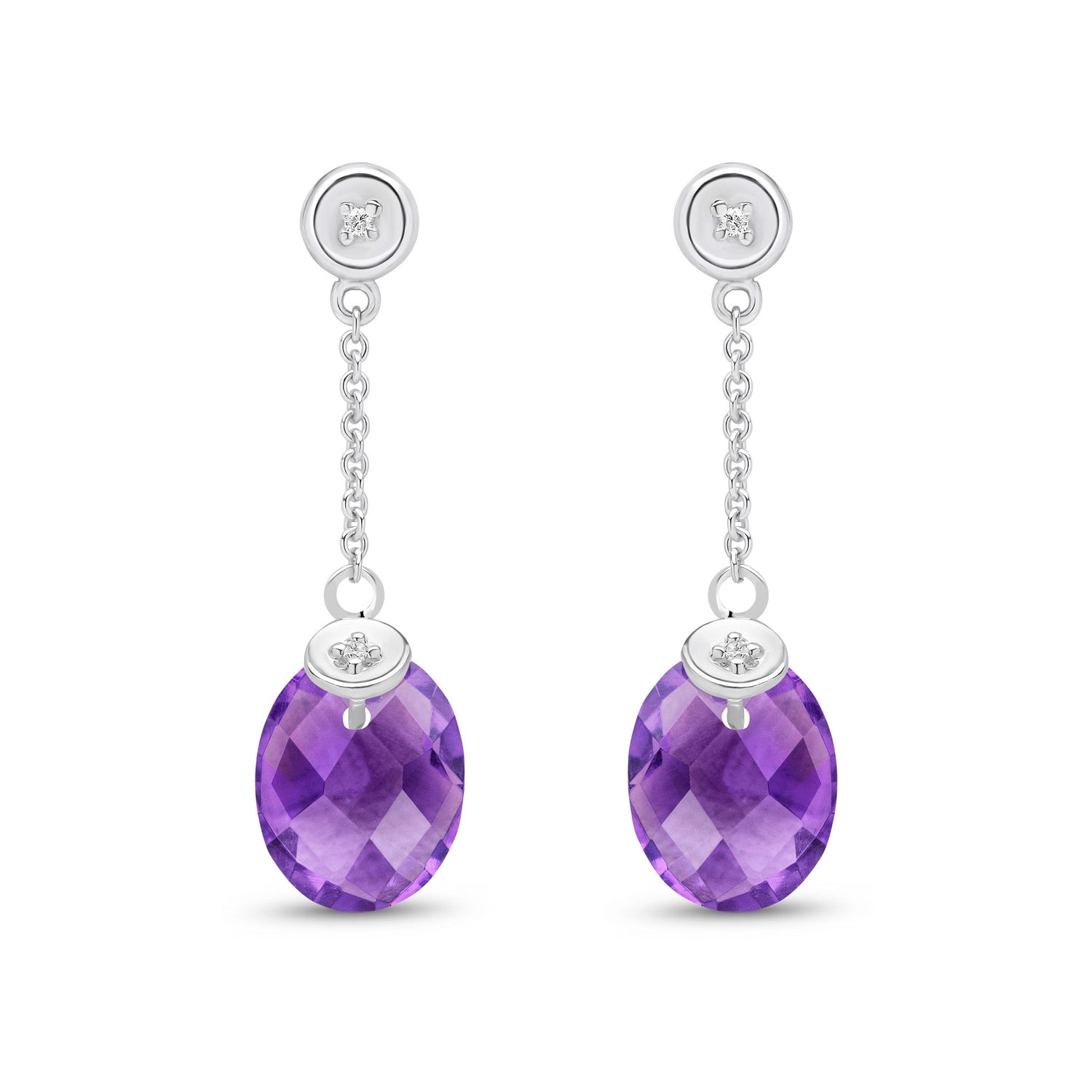 9ct White Gold Natural Amethyst & Diamond Checkerboard Oval Amethyst Chain Drop Earrings