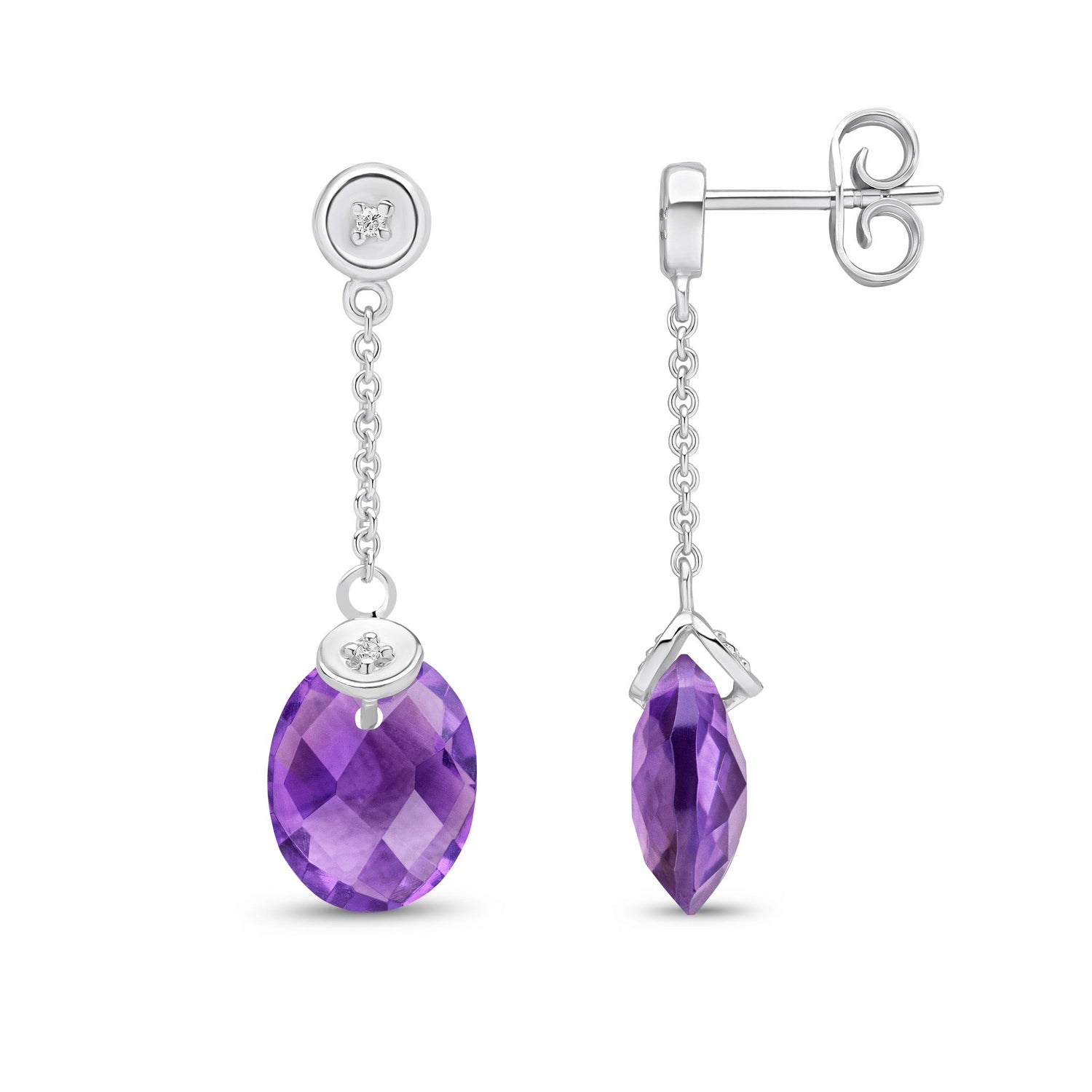 9ct White Gold Natural Amethyst & Diamond Checkerboard Oval Amethyst Chain Drop Earrings