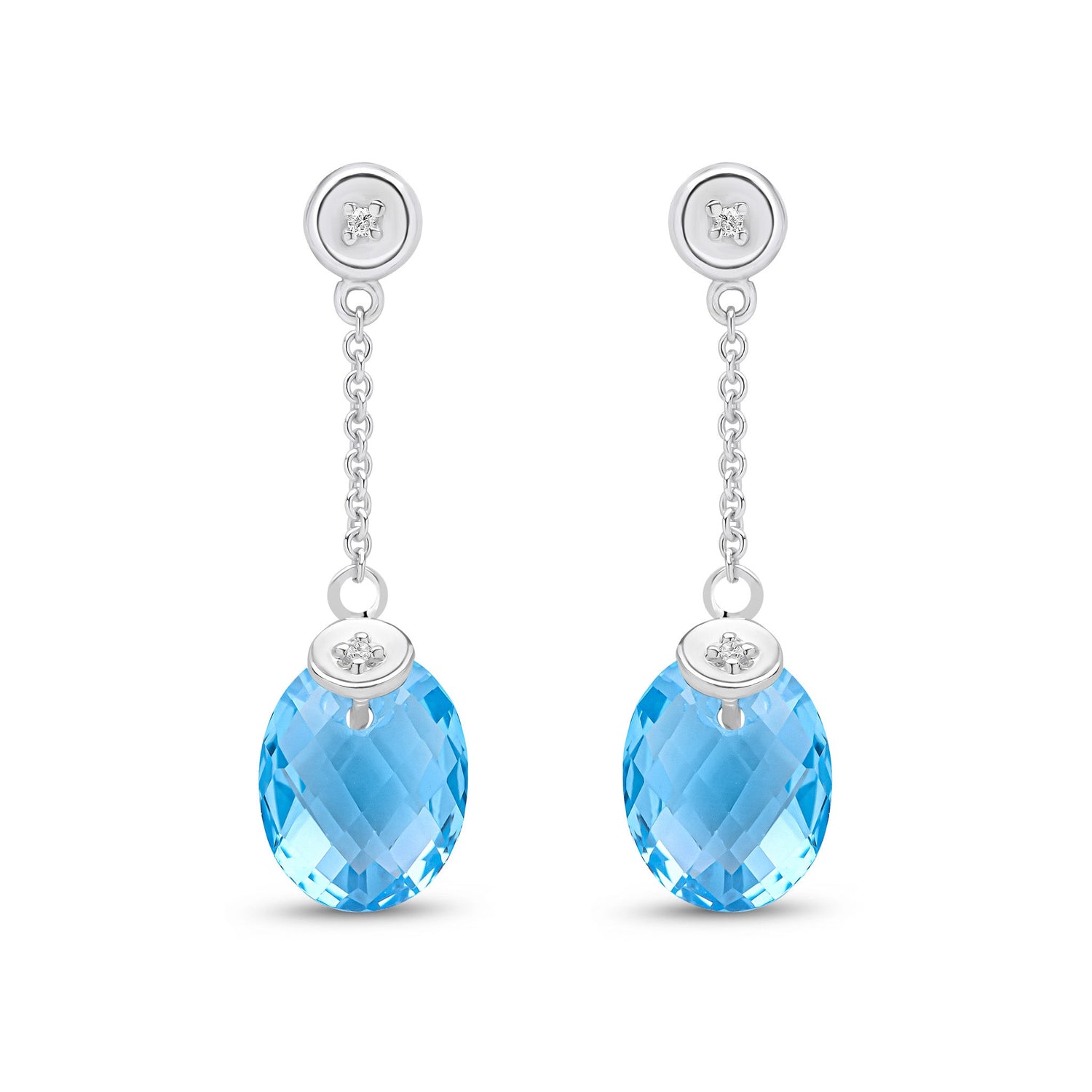 9ct White Gold Natural Swiss Blue Topaz & Diamond Checkerboard Oval Swiss Blue Topaz Chain Drop Earrings