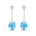 9ct White Gold Natural Swiss Blue Topaz & Diamond Checkerboard Oval Chain Drop Earrings
