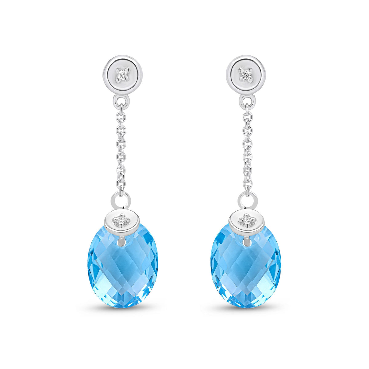 9ct White Gold Natural Swiss Blue Topaz & Diamond Checkerboard Oval Chain Drop Earrings