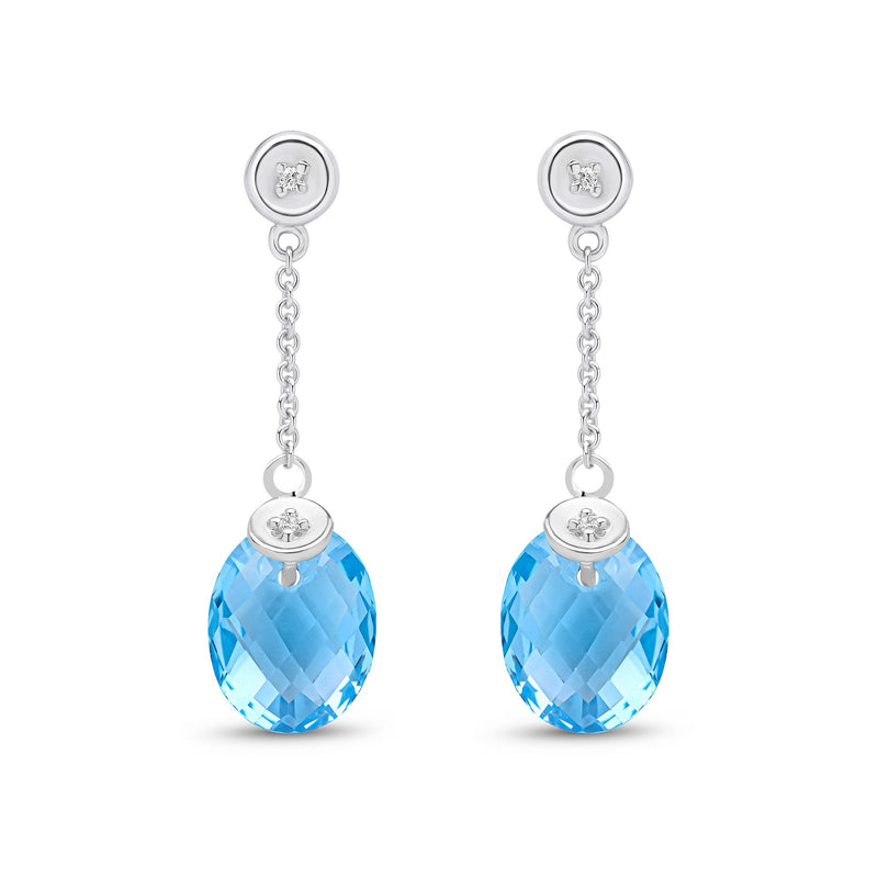 9ct White Gold Natural Swiss Blue Topaz & Diamond Checkerboard Oval Chain Drop Earrings