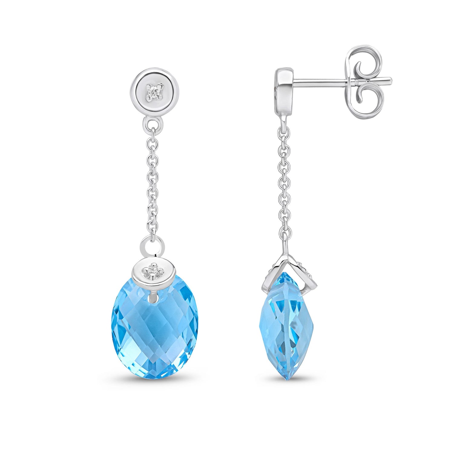 9ct White Gold Natural Swiss Blue Topaz & Diamond Checkerboard Oval Swiss Blue Topaz Chain Drop Earrings