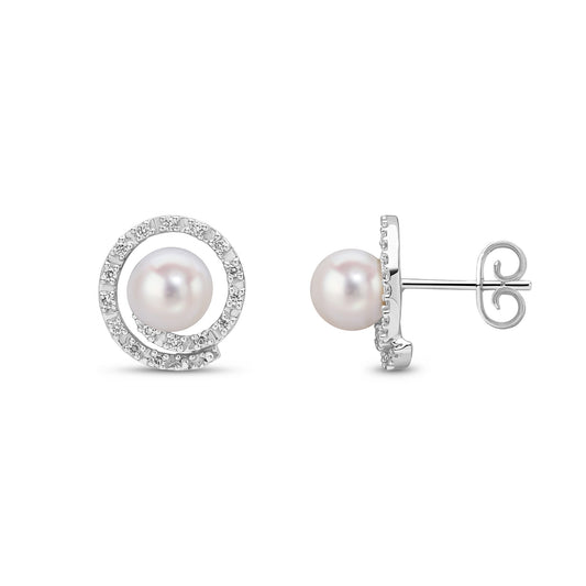 9ct White Gold Pearl & Natural Diamond Halo Stud Earrings