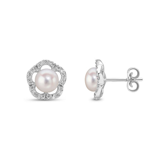 9ct White Gold Pearl & Natural Diamond Flower Halo Stud Earrings