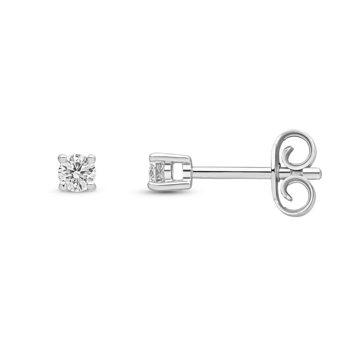 9ct White Gold Round Natural Diamond Four-Claw Stud Earrings — 0.20ct