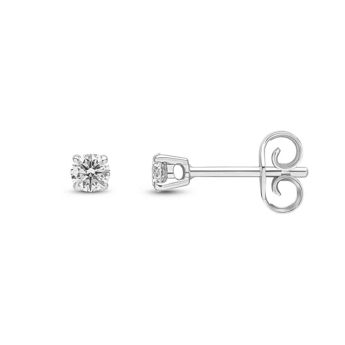 9ct White Gold Round Natural Diamond Four-Claw Stud Earrings — 0.25ct