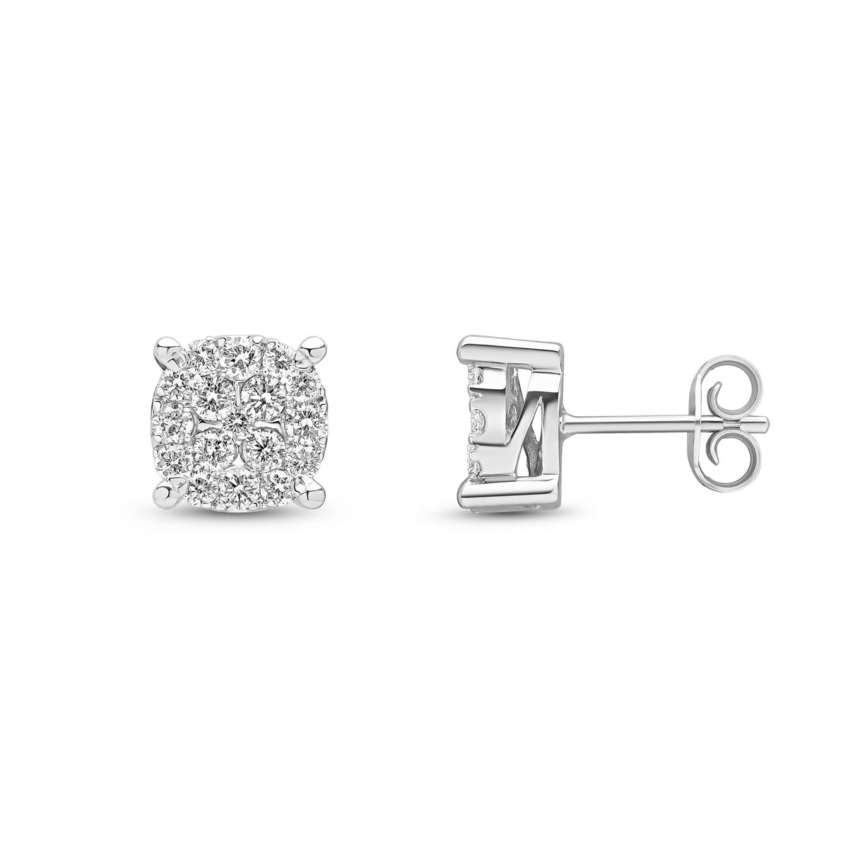 18ct White Gold Natural Diamond Multi Stone Cluster Stud Earrings — 1.00ct