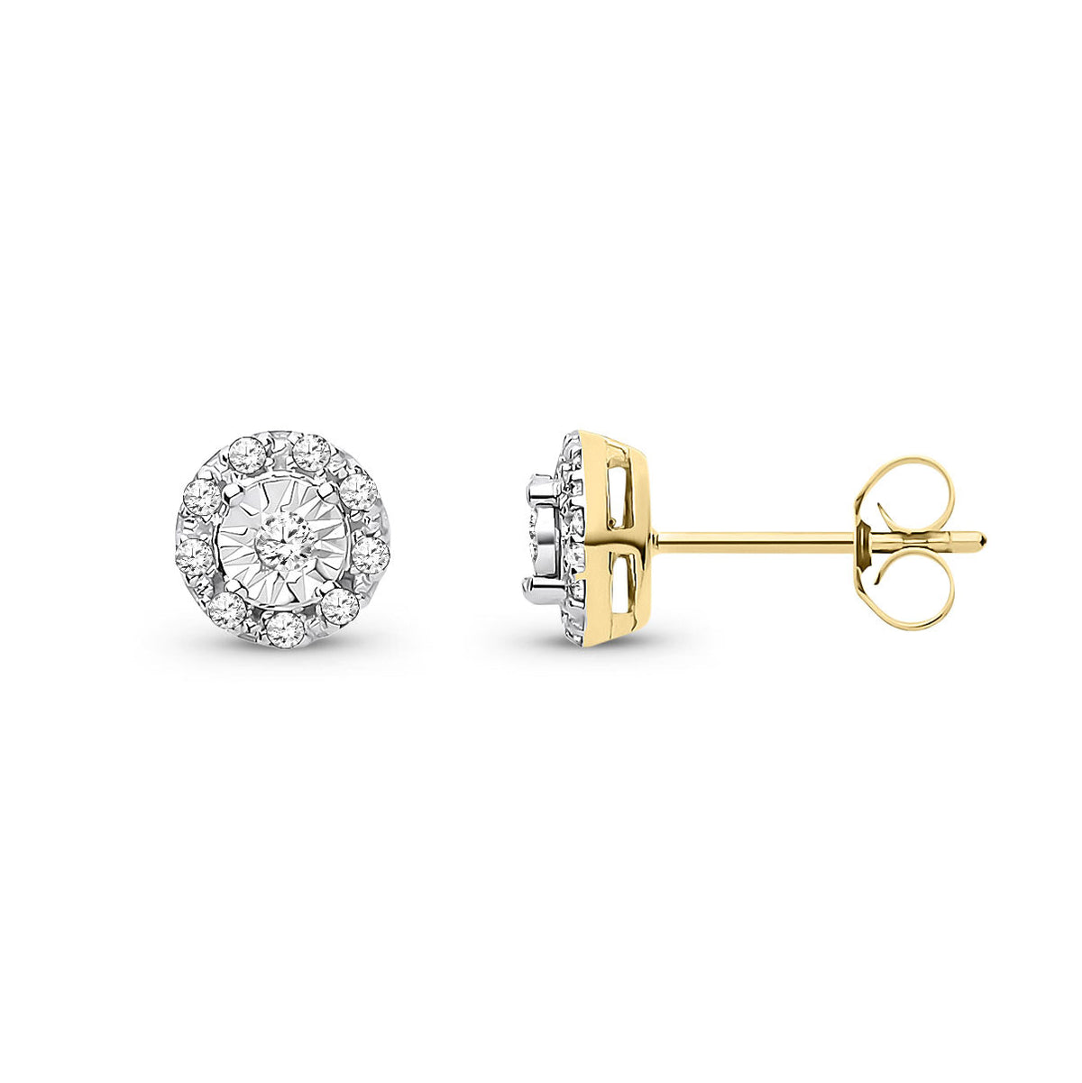 9ct Yellow Gold Natural Diamond Round Cluster Stud Earrings