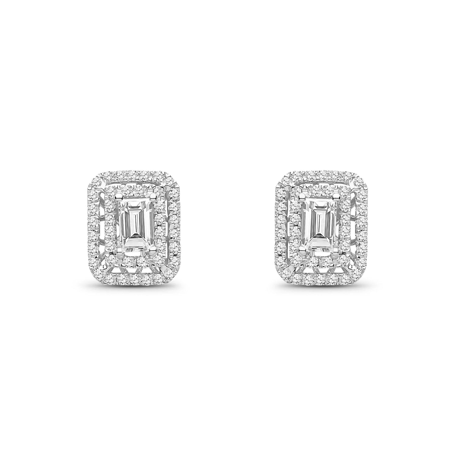 18ct White Gold Natural Emerald & Diamond Emerald-Cut Emerald Double Halo Stud Earrings