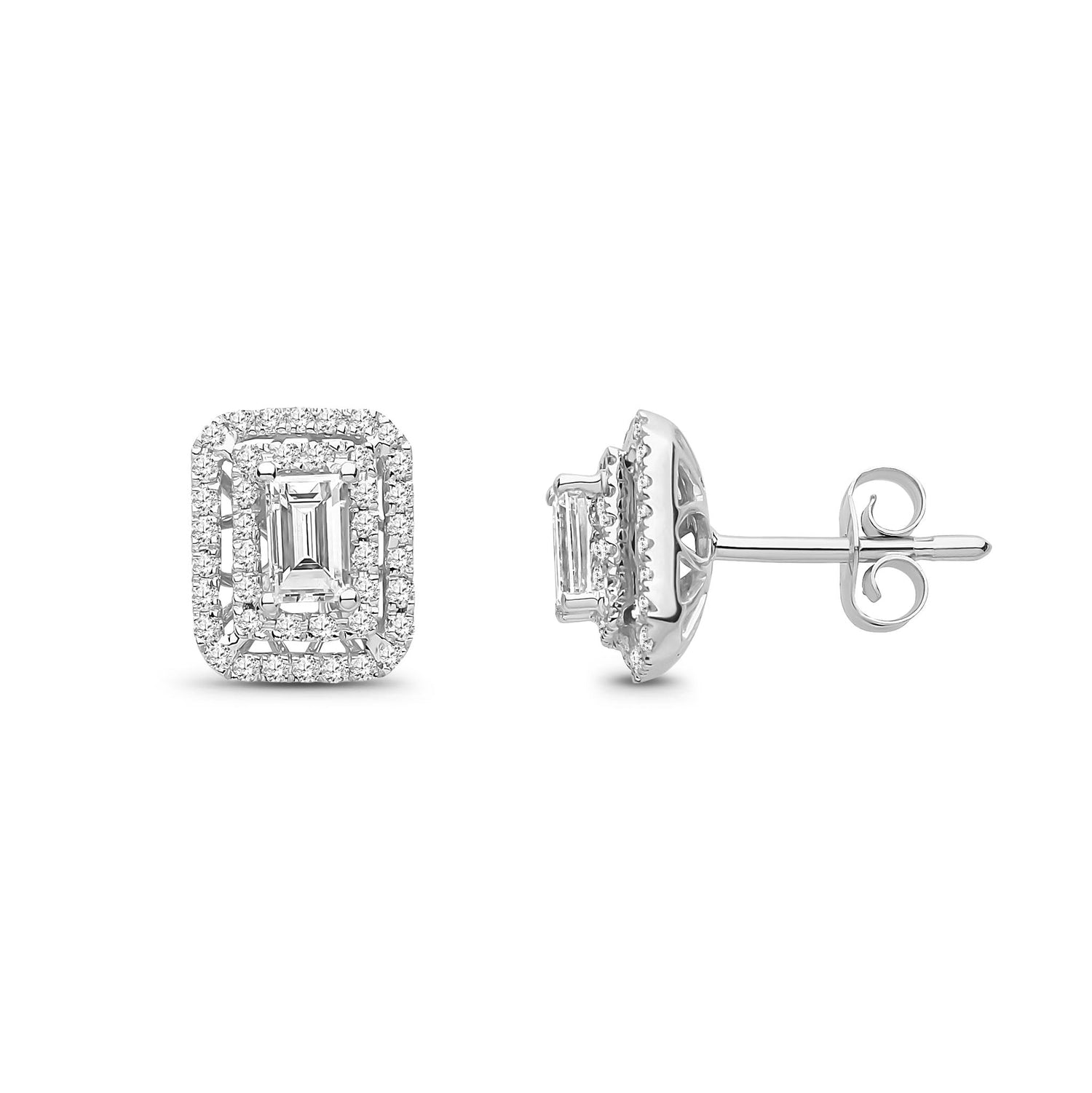 18ct White Gold Natural Emerald & Diamond Emerald-Cut Emerald Double Halo Stud Earrings
