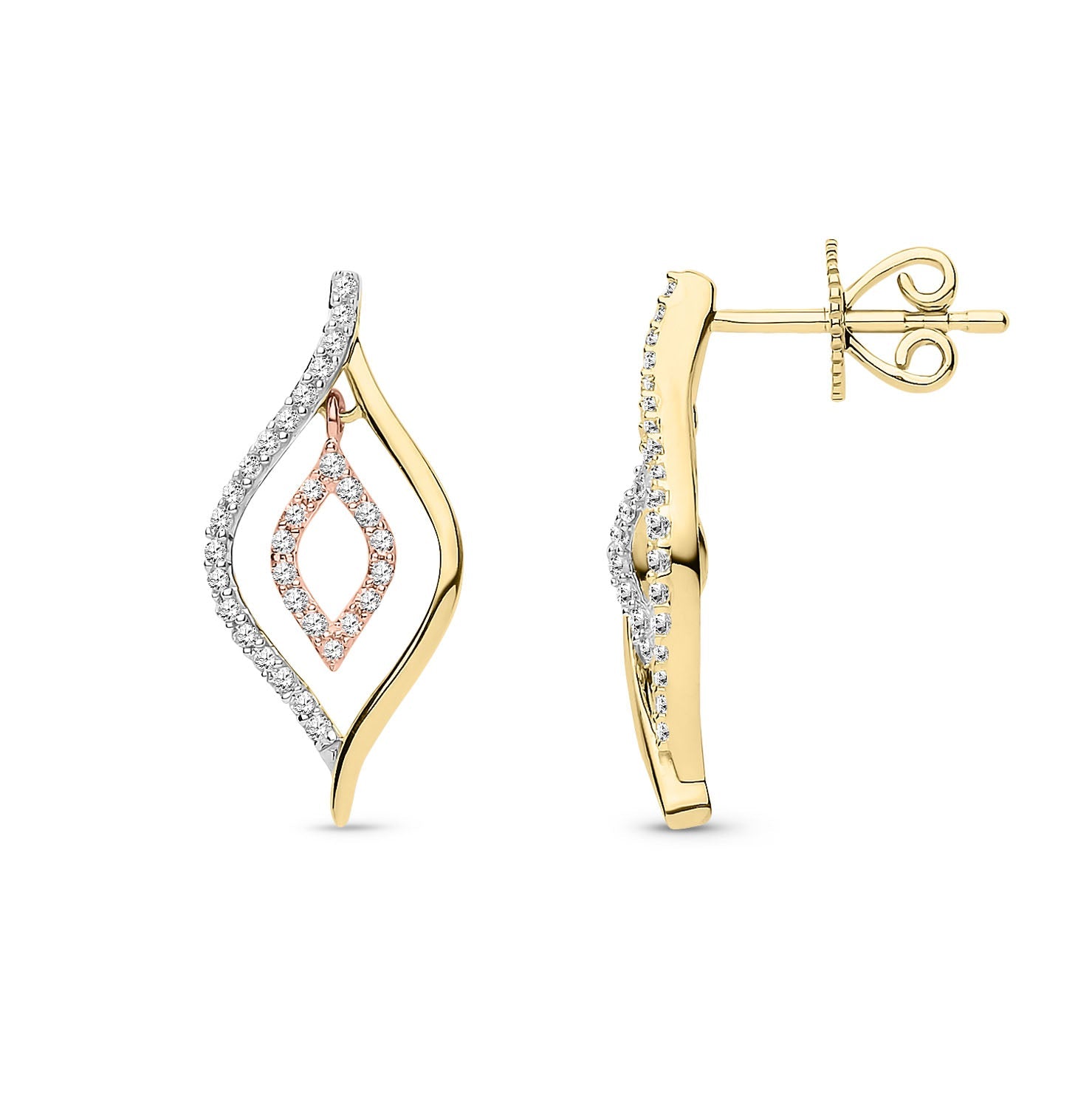 9ct Yellow and Rose Gold Natural Diamond Two-Tone Open Marquise Drop Earrings
