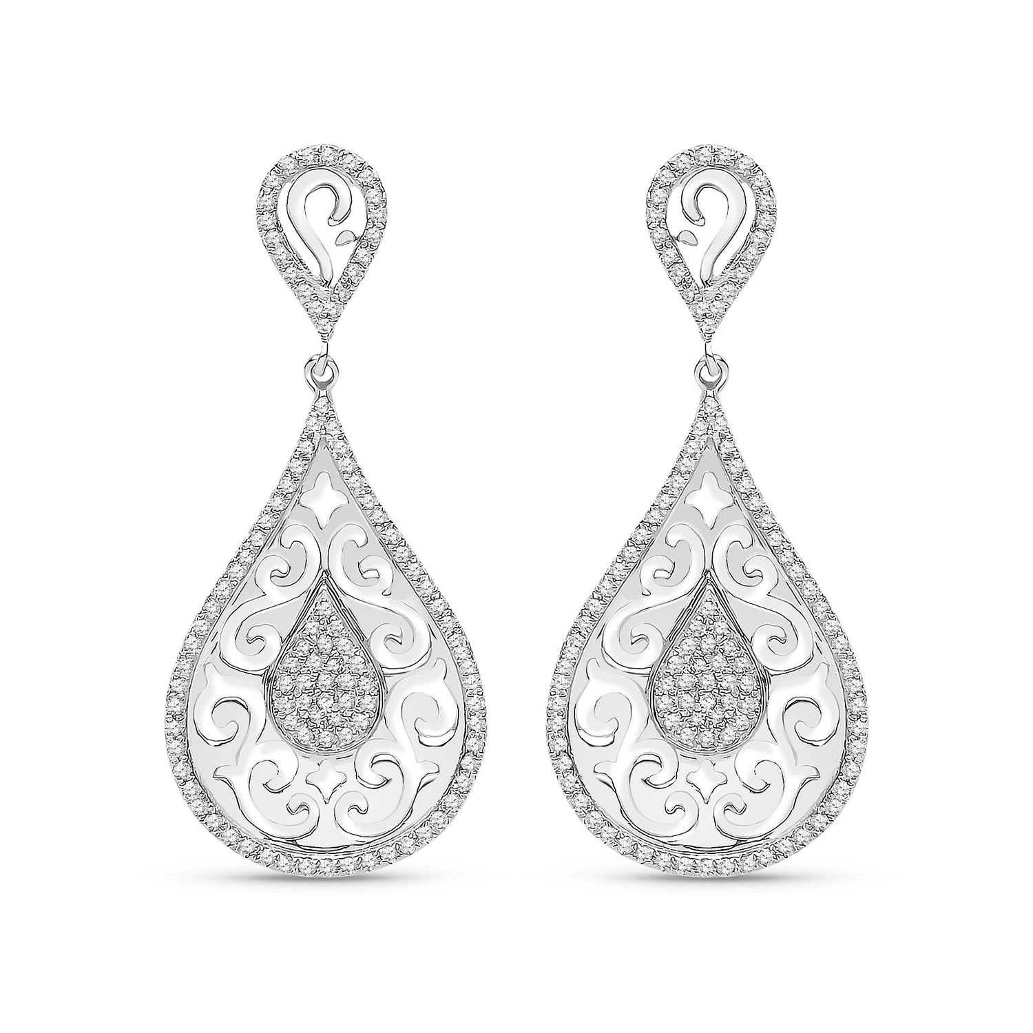 9ct White Gold Natural Diamond Filigree Pear Drop Earrings