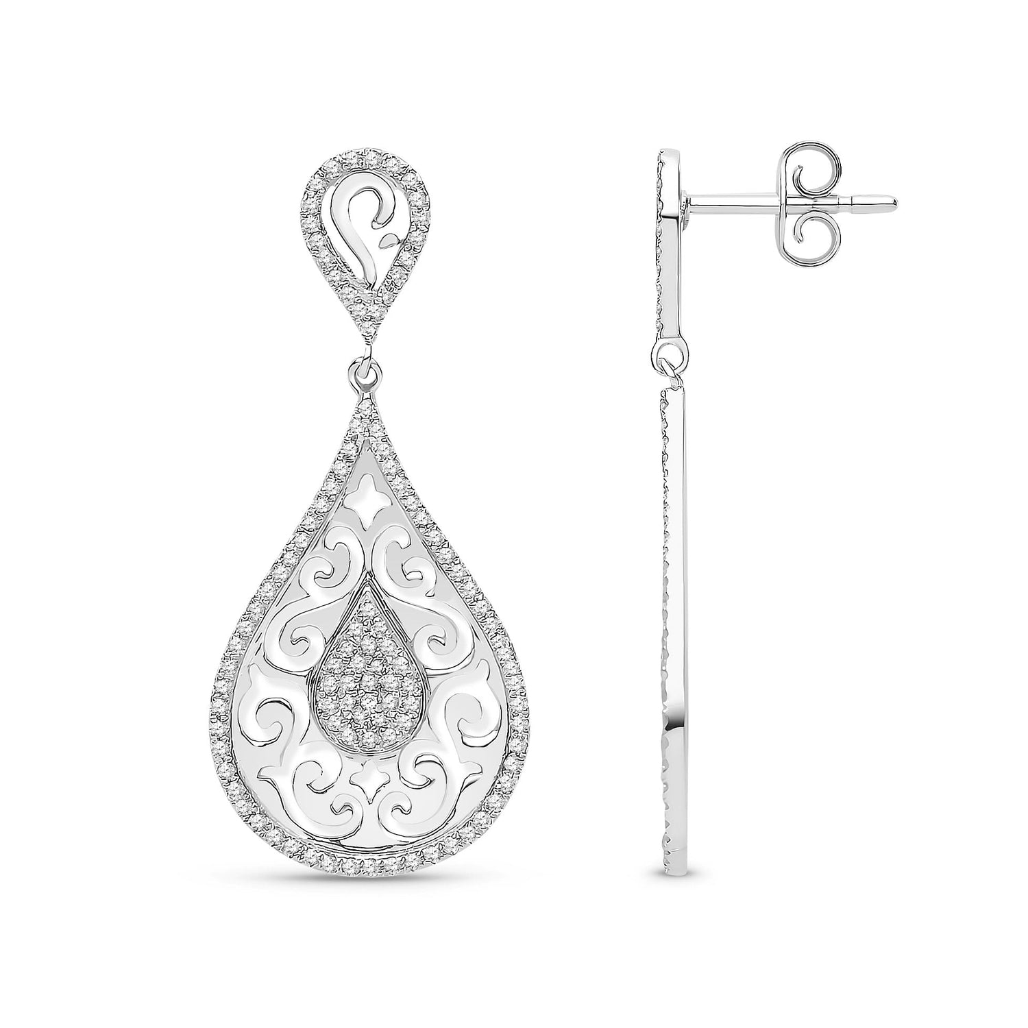 9ct White Gold Natural Diamond Filigree Pear Drop Earrings