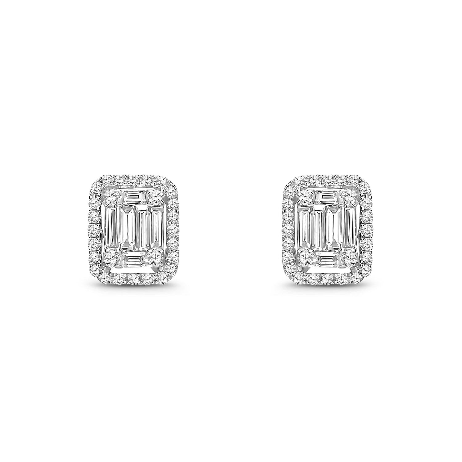 18ct White Gold Natural Diamond Baguette & Round Rectangular Halo Stud Earrings