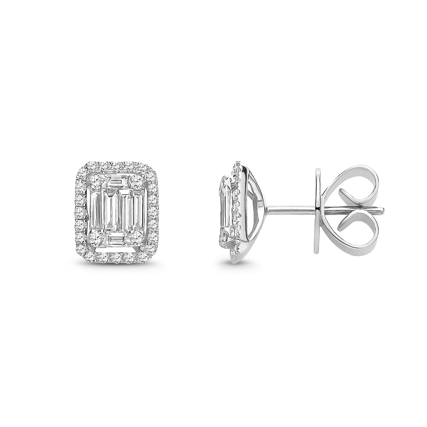 18ct White Gold Natural Diamond Baguette & Round Rectangular Halo Stud Earrings