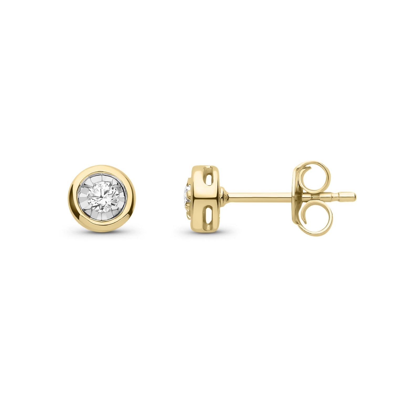 9ct Yellow Gold Natural Diamond Illusion Rubover Stud Earrings — 0.10ct