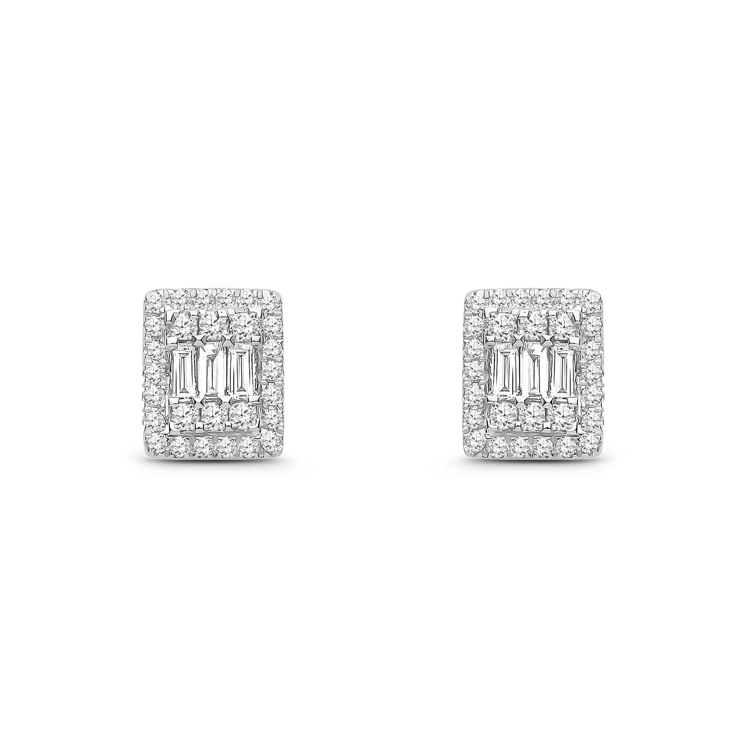 18ct White Gold Natural Diamond Baguette Rectangular Halo Stud Earrings