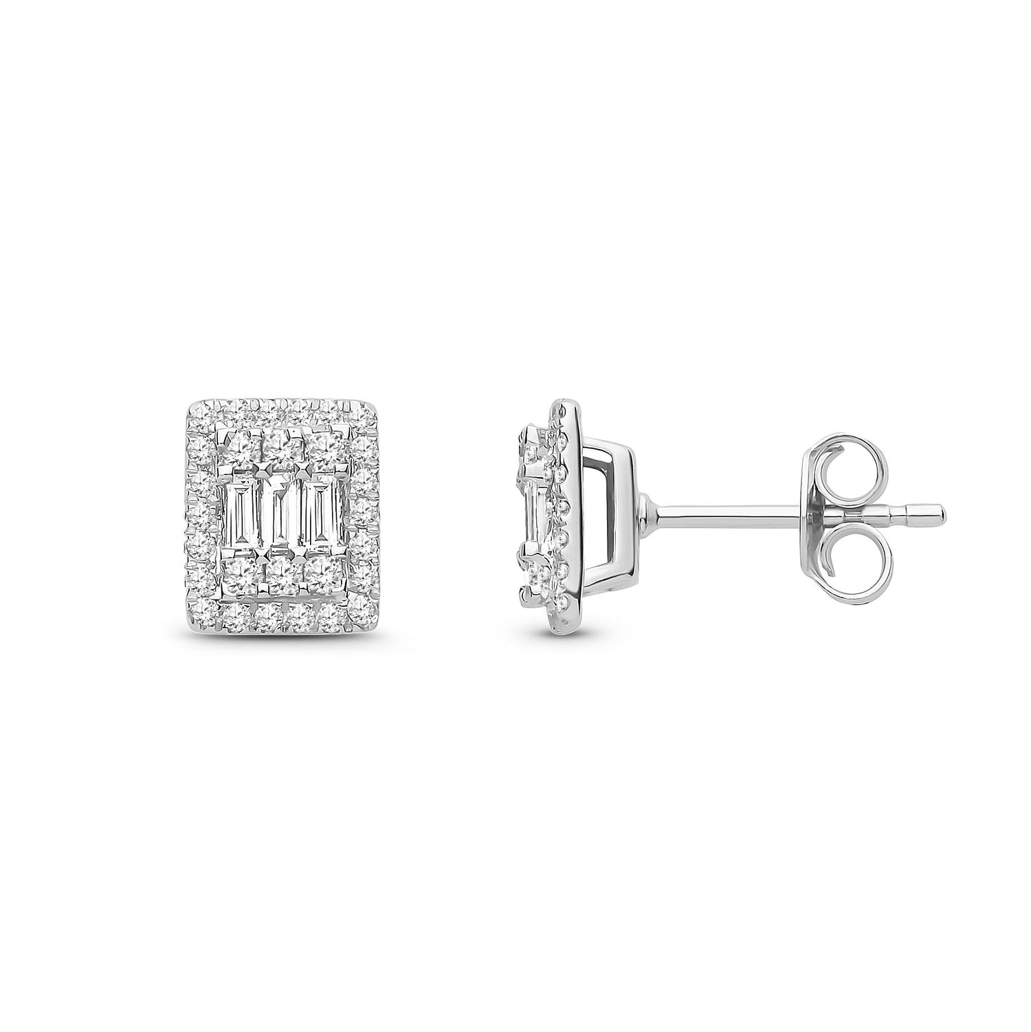 18ct White Gold Natural Diamond Baguette Rectangular Halo Stud Earrings