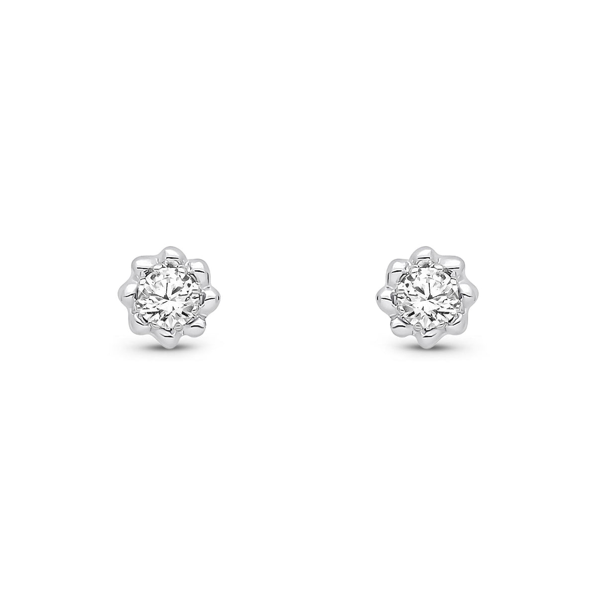 9ct White Gold Round Natural Diamond Scalloped Stud Earrings