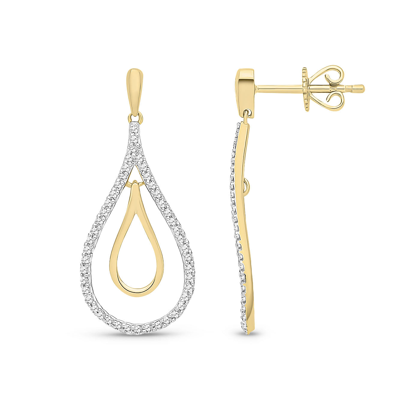 9ct Yellow Gold Natural Diamond Double Teardrop Drop Earrings