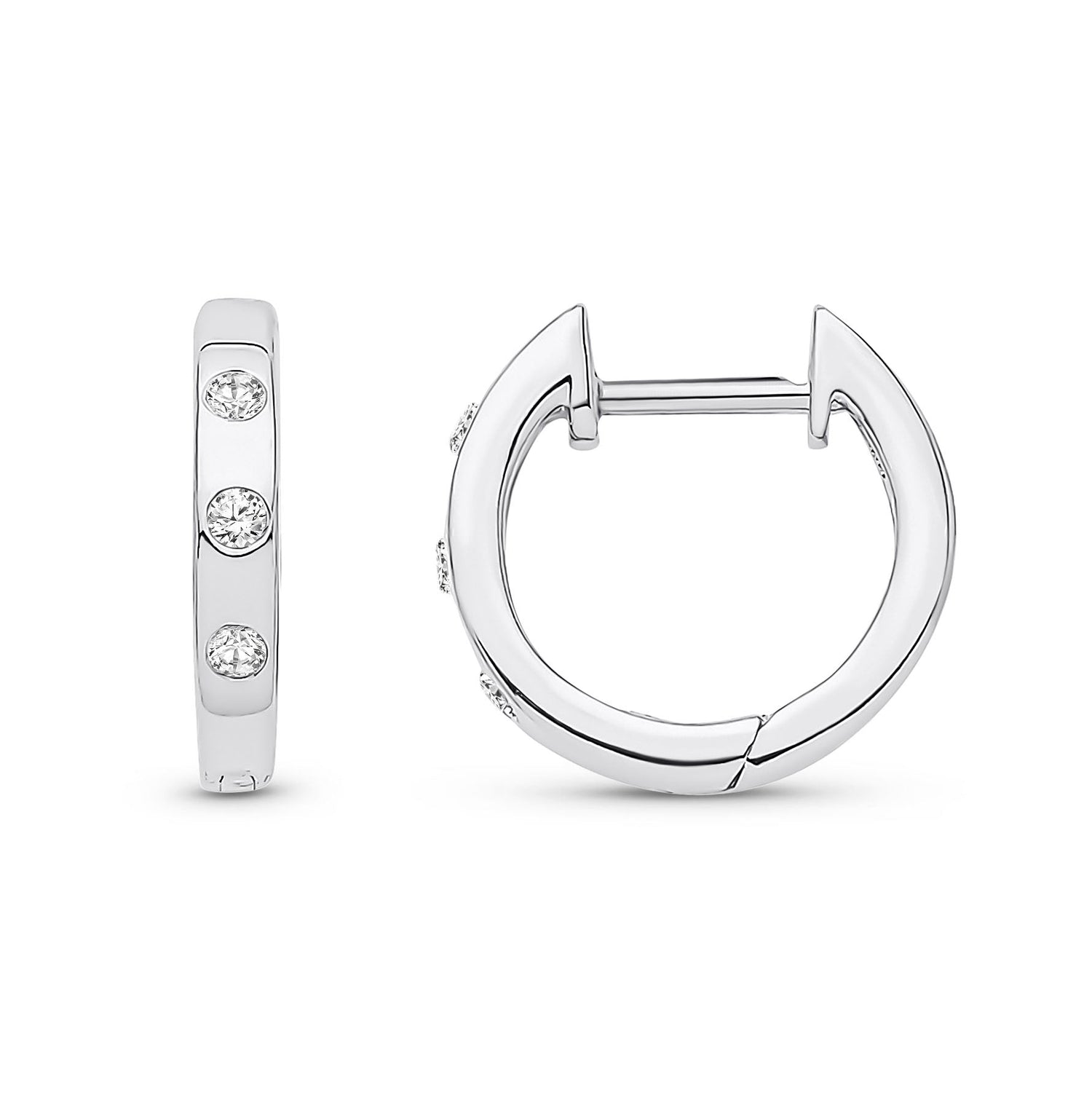 9ct White Gold Natural Diamond Three-Stone Rubover Huggie Earrings
