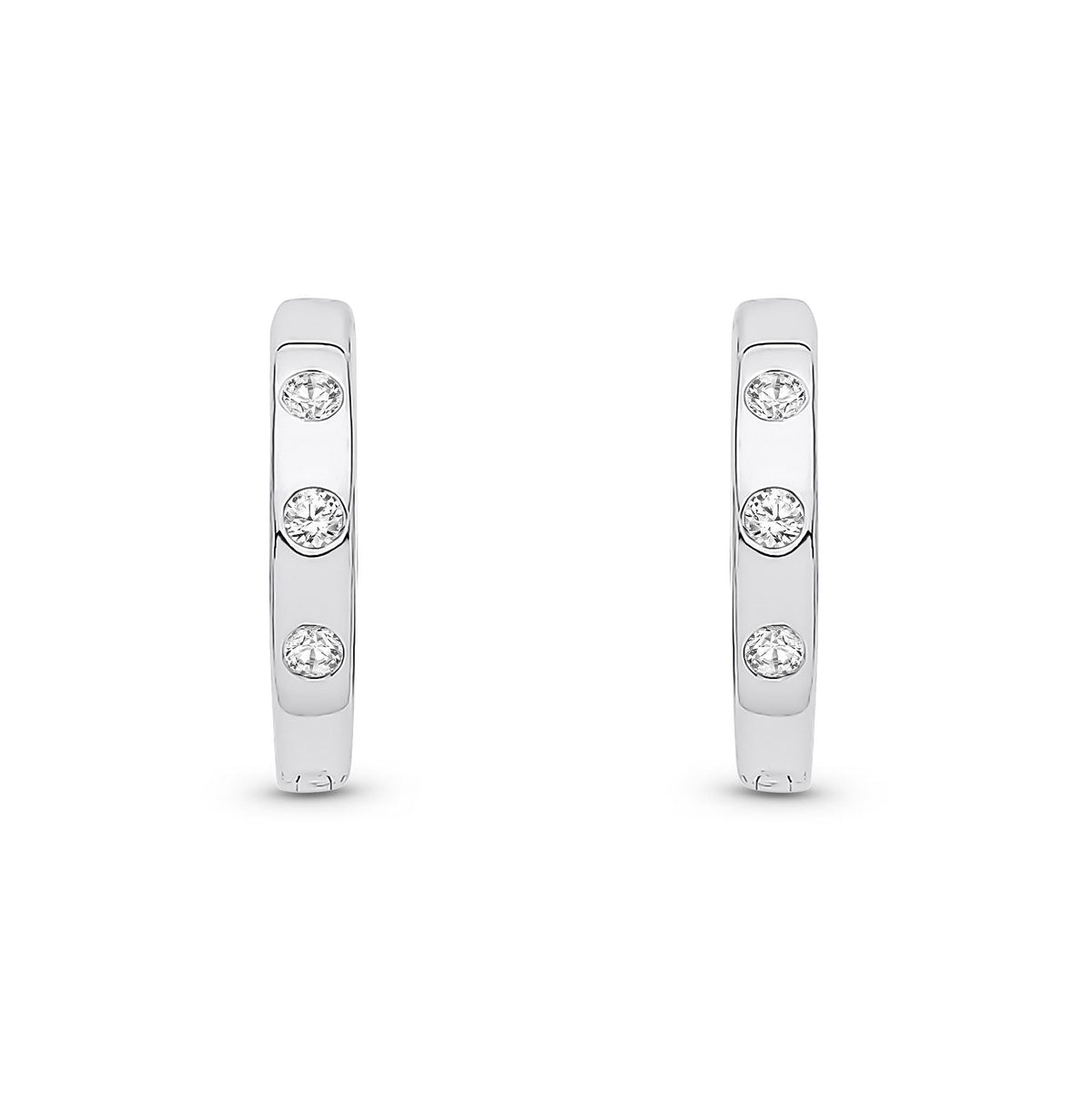 9ct White Gold Natural Diamond Three Stone Rubover Huggie Earrings — 12mm