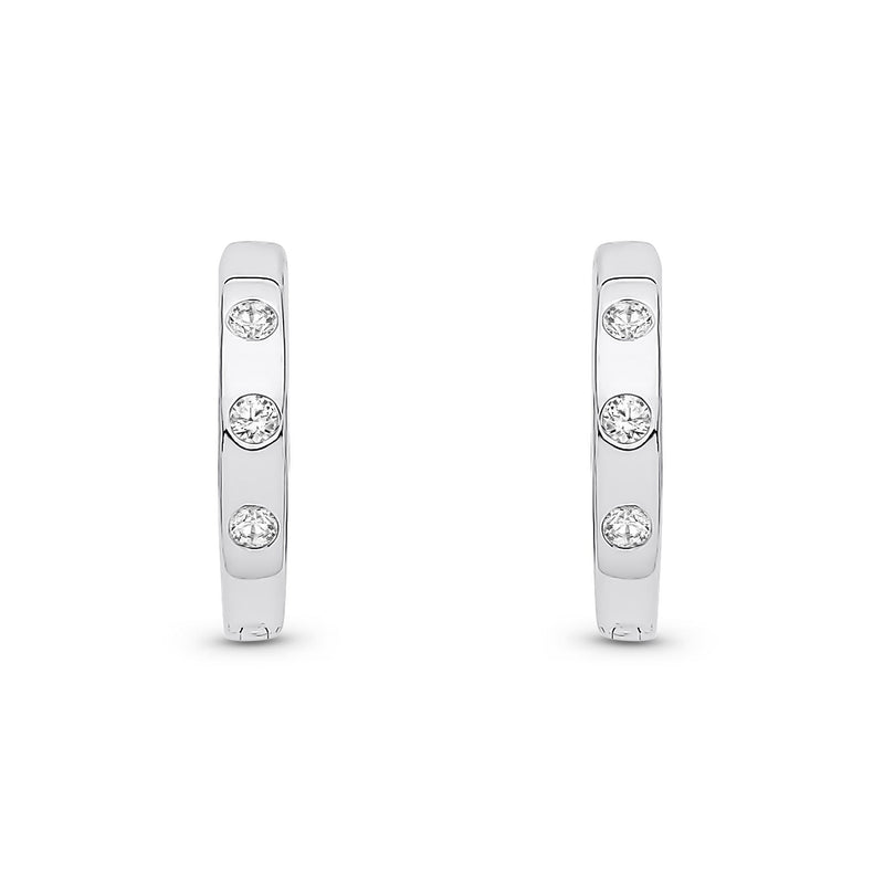 9ct White Gold Natural Diamond Three Stone Rubover Huggie Earrings — 12mm