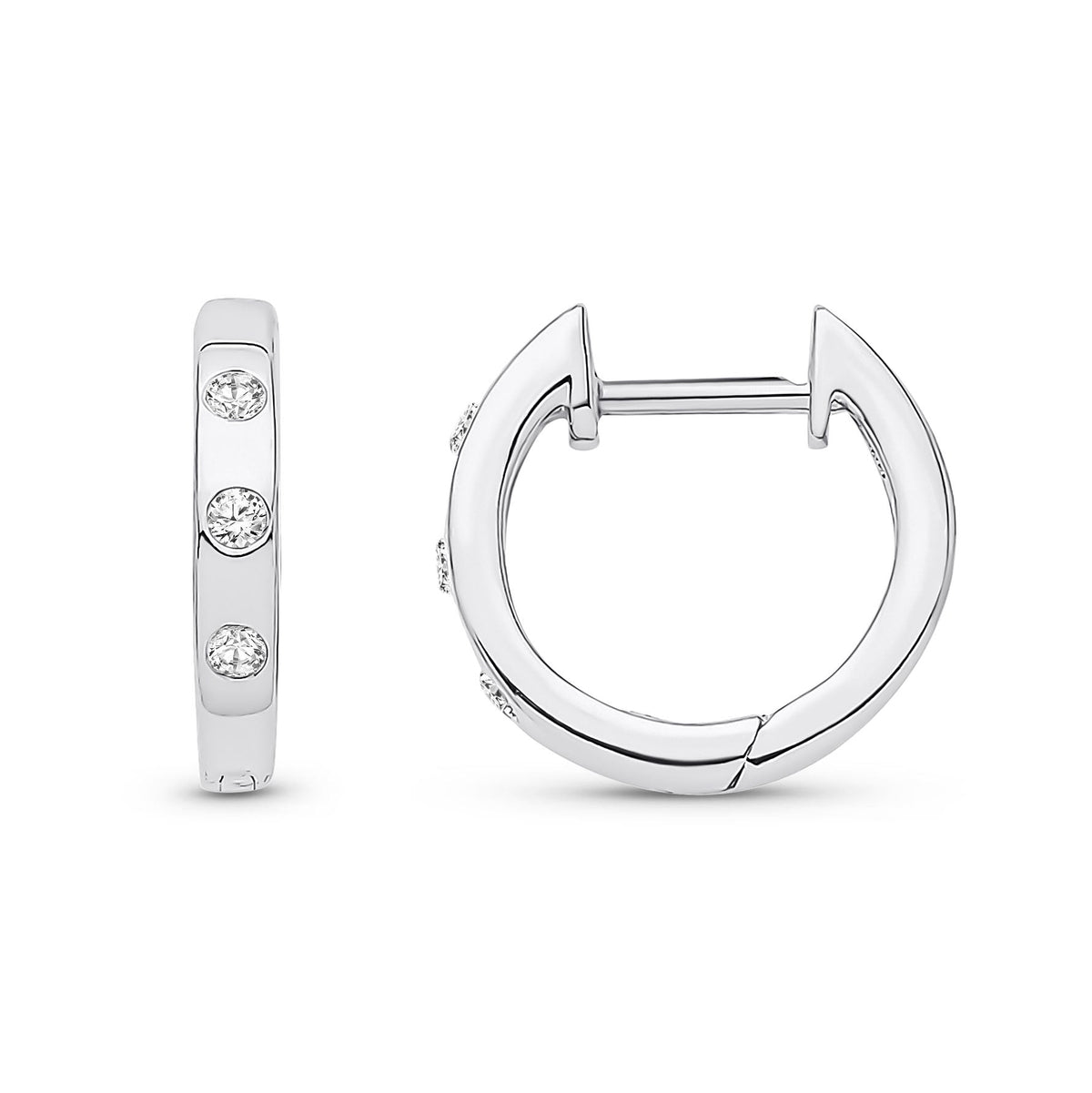 9ct White Gold Natural Diamond Three Stone Rubover Huggie Earrings — 12mm