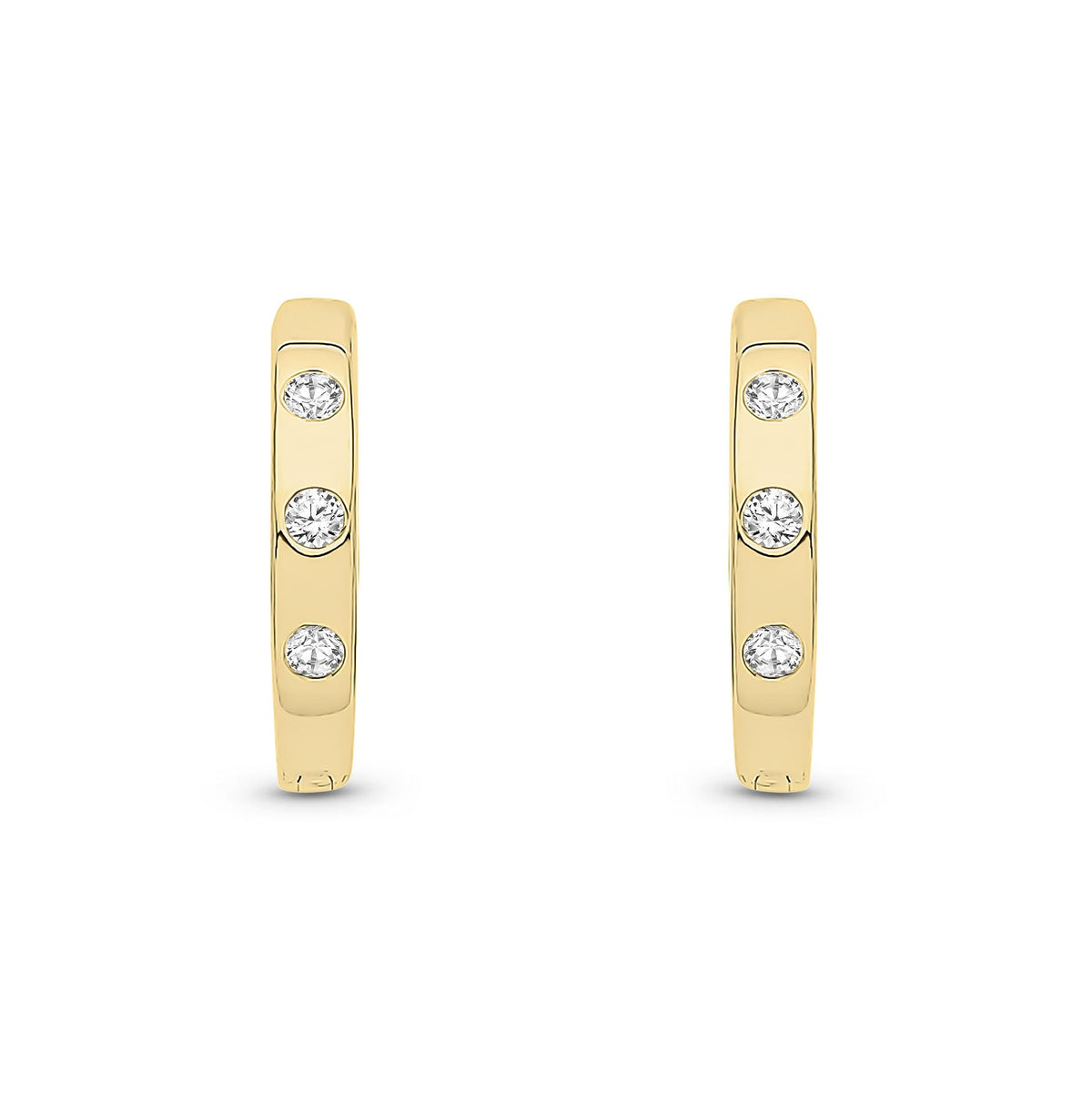 9ct Yellow Gold Natural Diamond Three Stone Rubover Huggie Earrings — 12mm