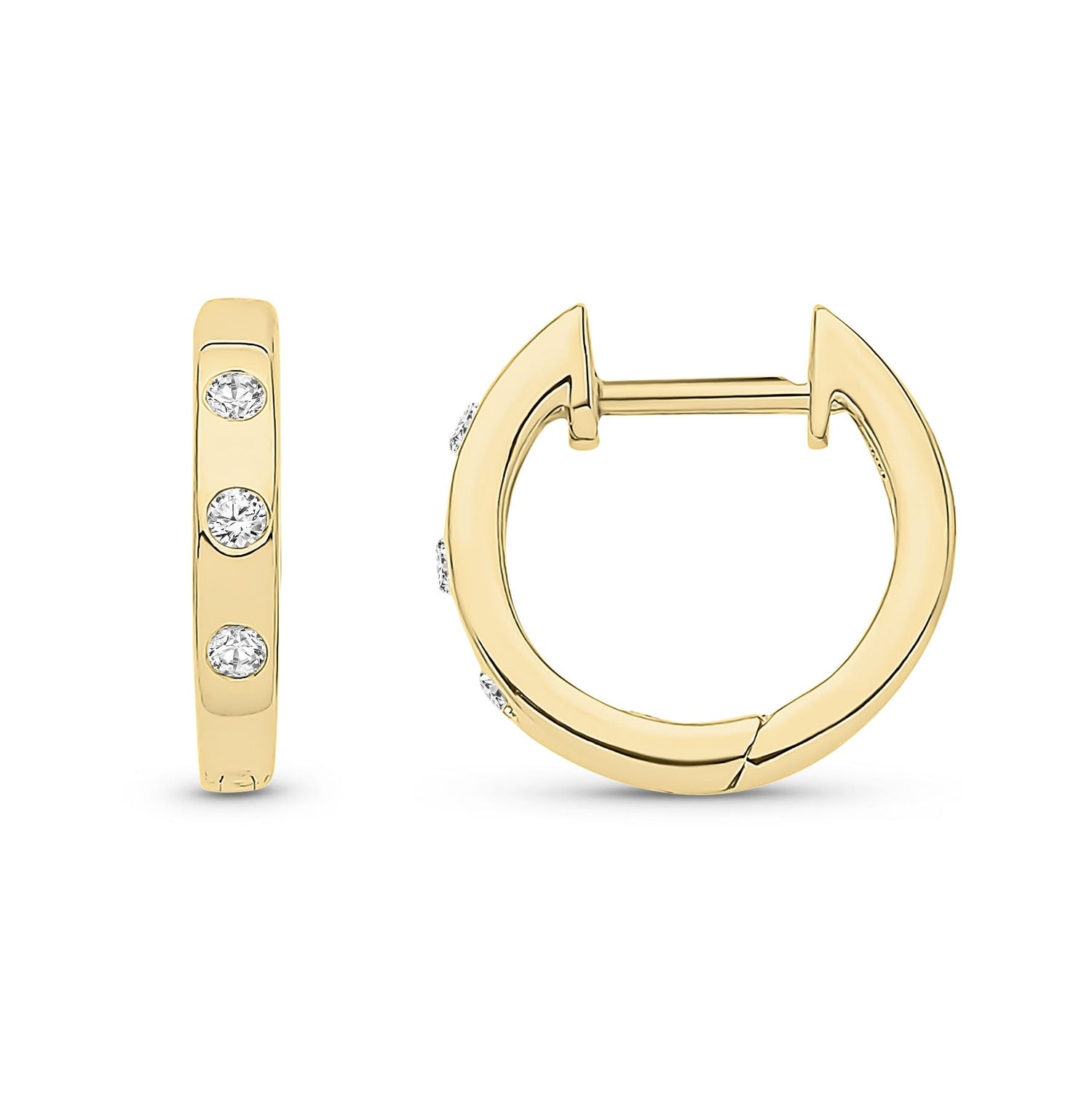 9ct Yellow Gold Natural Diamond Three-Stone Rubover Huggie Earrings