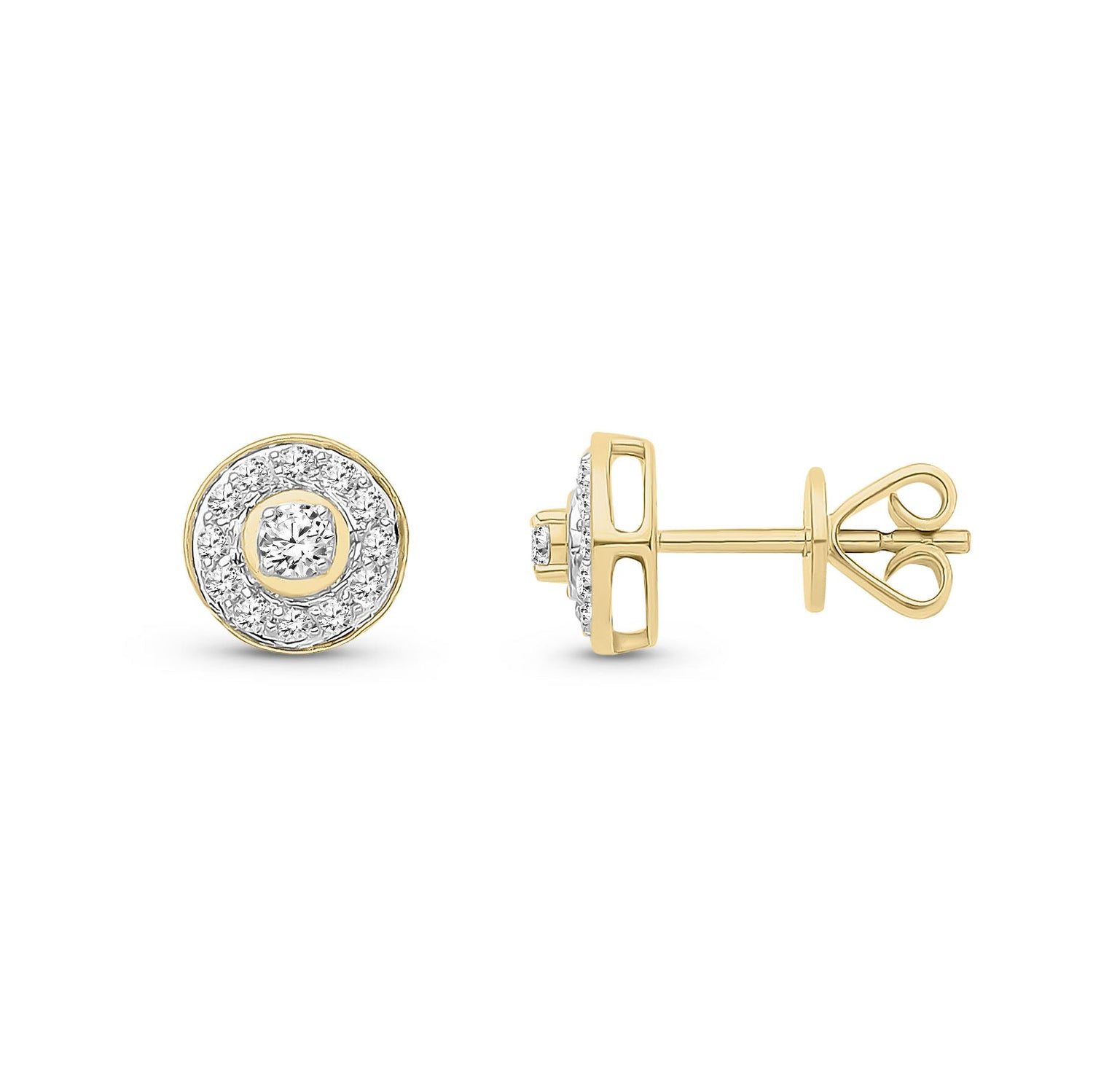18ct Yellow Gold Natural Diamond Two-Tone Round Double Halo Stud Earrings