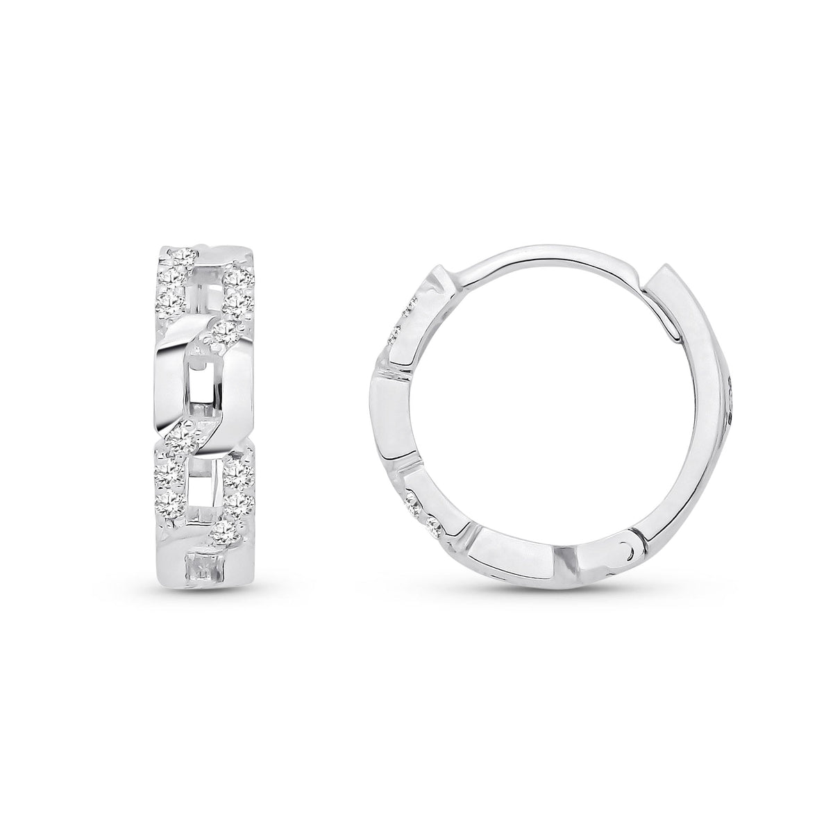 9ct White Gold Natural Diamond Geometric Link Huggie Earrings — 12mm
