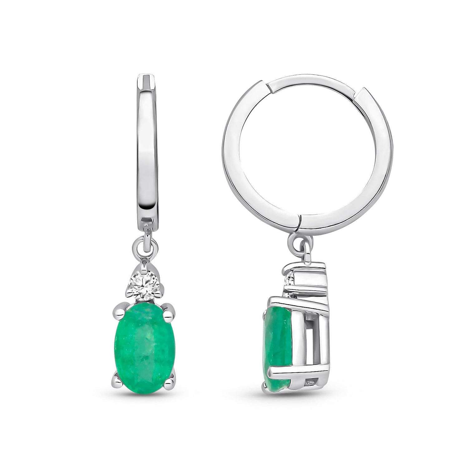 9ct White Gold Natural Emerald & Diamond Oval Emerald Diamond Hoop Drop Earrings