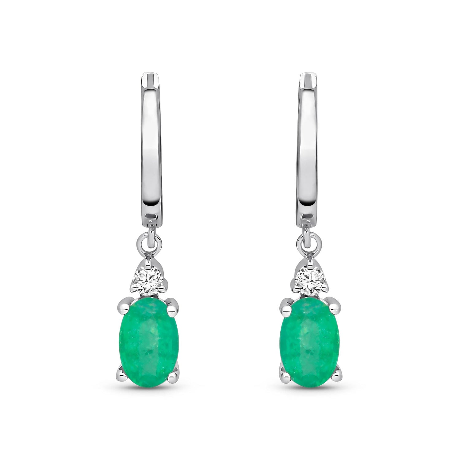 9ct White Gold Natural Emerald & Diamond Oval Emerald Diamond Hoop Drop Earrings