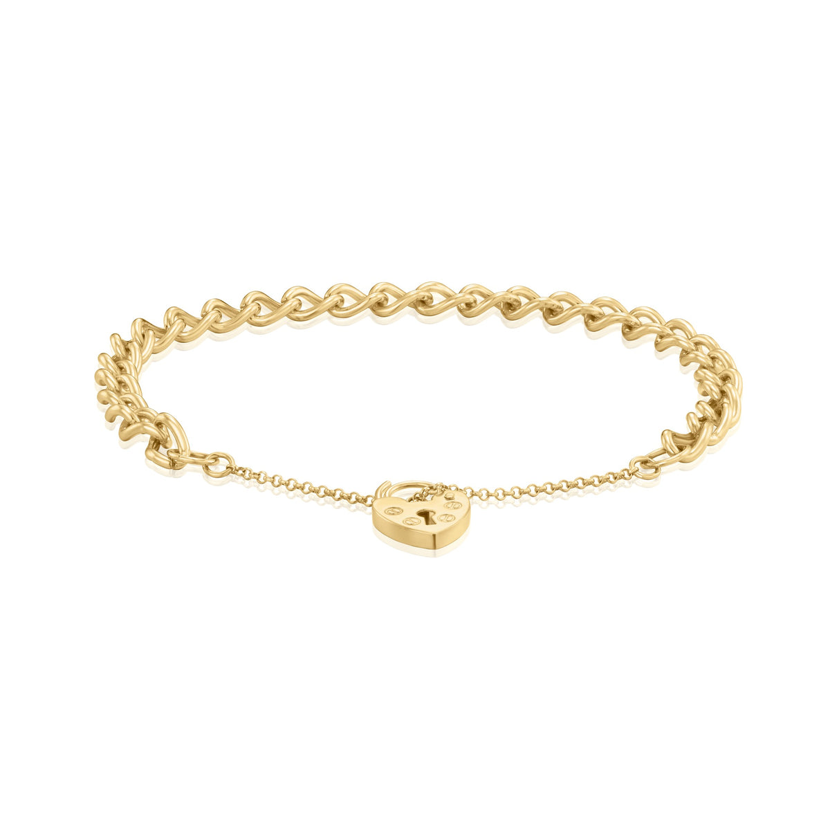9ct Yellow Gold 5.7mm Open Curb Link Heart Padlock Bracelet