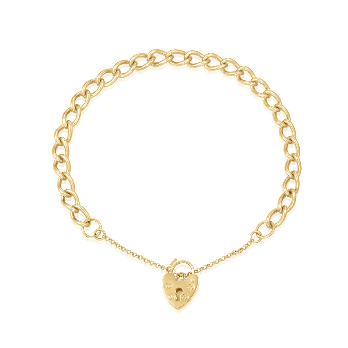 9ct Yellow Gold 5.7mm Open Curb Link Heart Padlock Bracelet