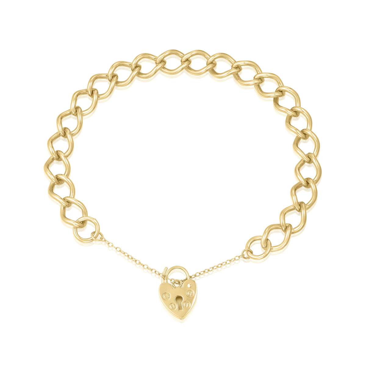9ct Yellow Gold 9.2mm Open Curb Link Heart Padlock Bracelet