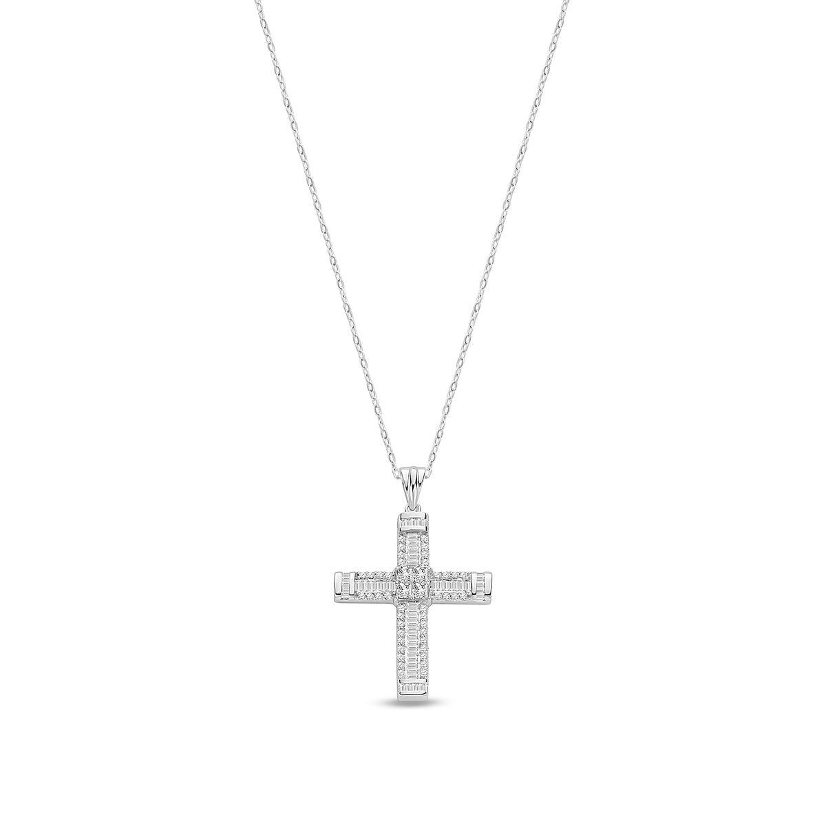 18ct White Gold Natural Diamond Round, Princess & Baguette Cross Pendant