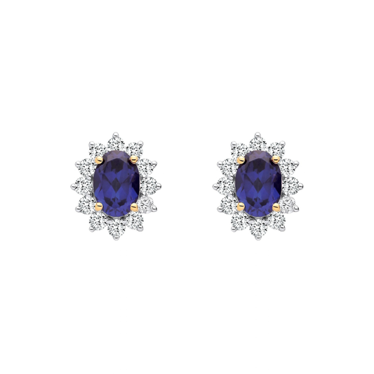 9ct Yellow Gold Oval Lab Sapphire and Diamond Halo Cluster Stud Earrings