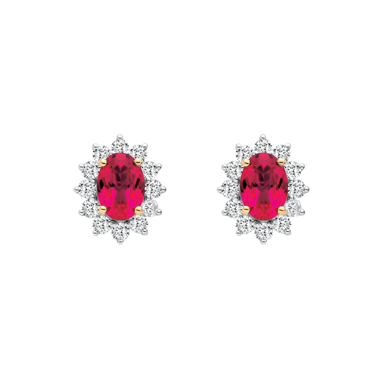 9ct Yellow Gold Oval Lab Ruby and Diamond Halo Cluster Stud Earrings